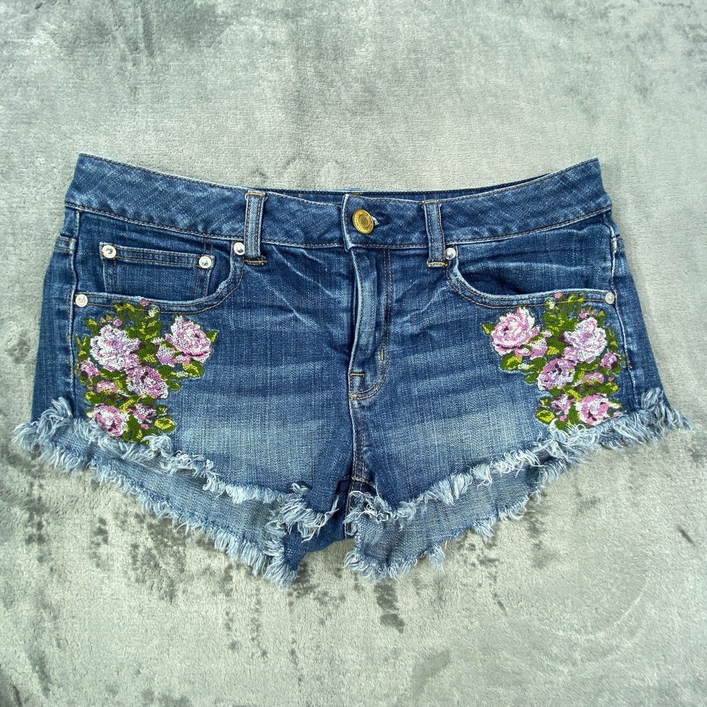 American Eagle Shorts Women 8 Blue Whiskering Denim Cutoff Floral Mini Raw Hem